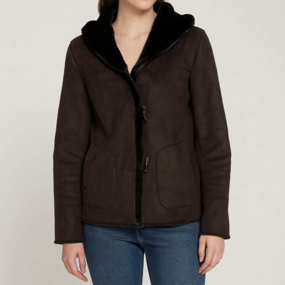 Jones New York Brown Faux Suede Toggle Coat Faux Fur Lined Size Large